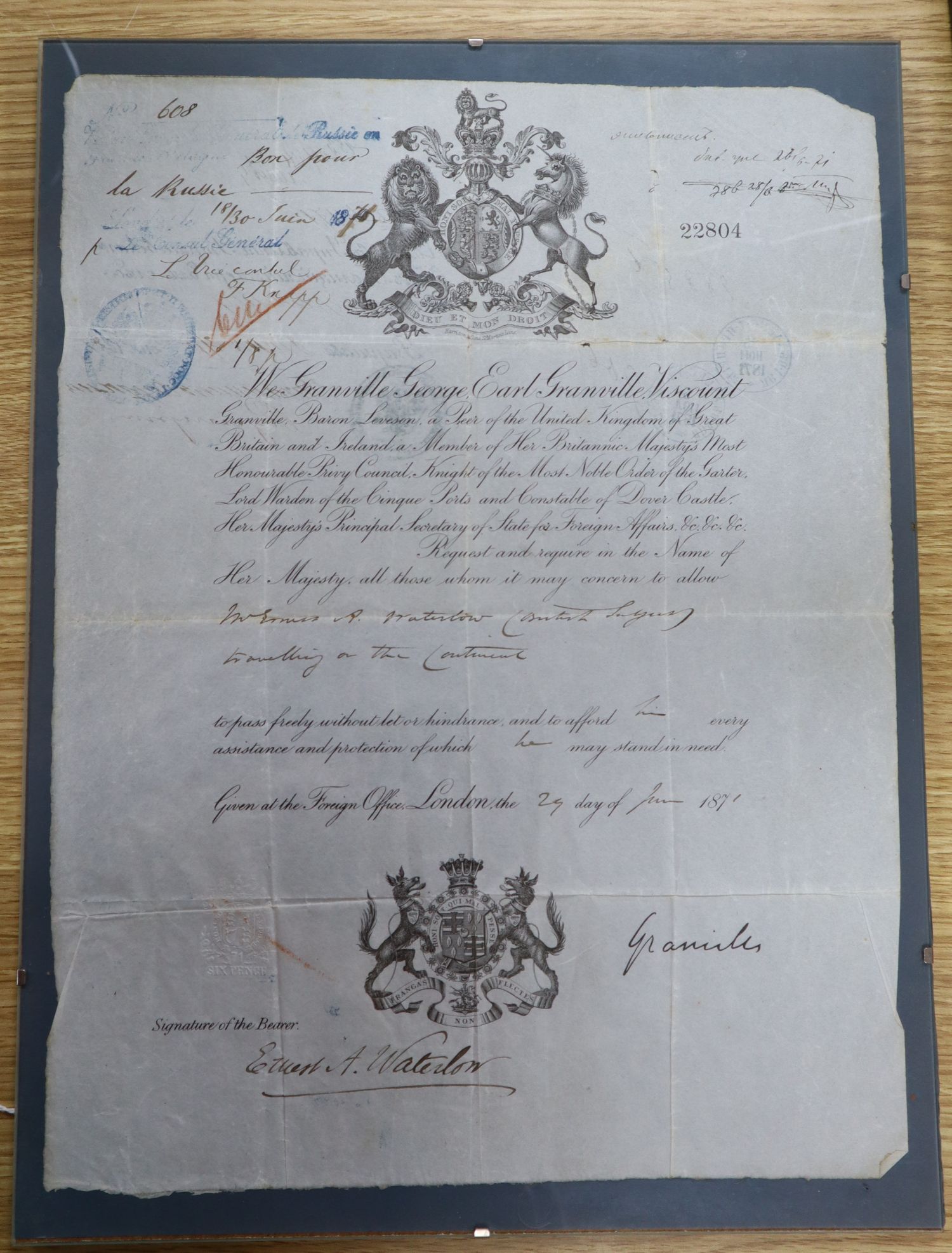 An 1871 passport for Earl Granville Viscount
